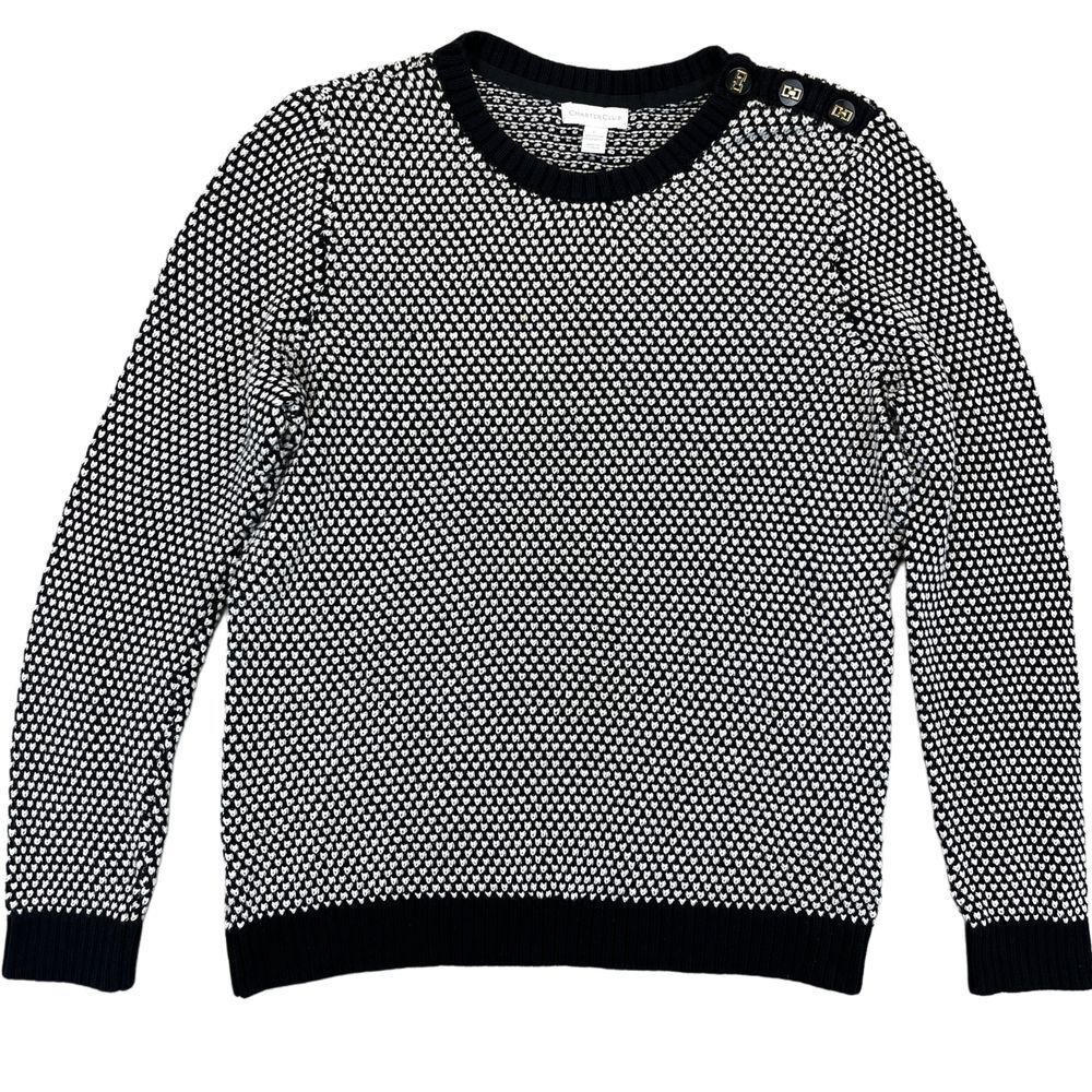 Charter Club Black White Textured Knit Sweater‎ Women Large Soft Button Shoulder
